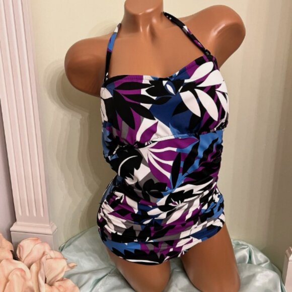 Upstream Swimsuit. Sz 10. Blue Purple White. Halter Straps. Nylon Spandex B9 - Picture 1 of 5